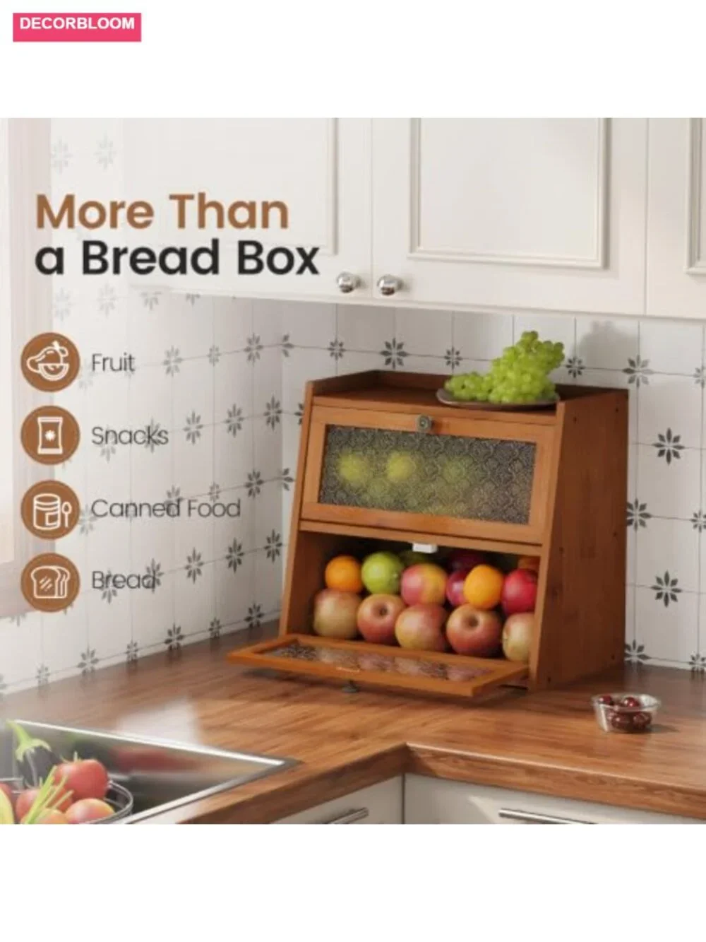 Bamboo Double Layer Bread Box for Kitchen Countertop Storage